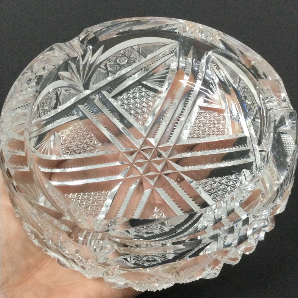 Vintage Clear Cut Crystal Glass Ashtray Geometric Pinwheels Starburst Pattern